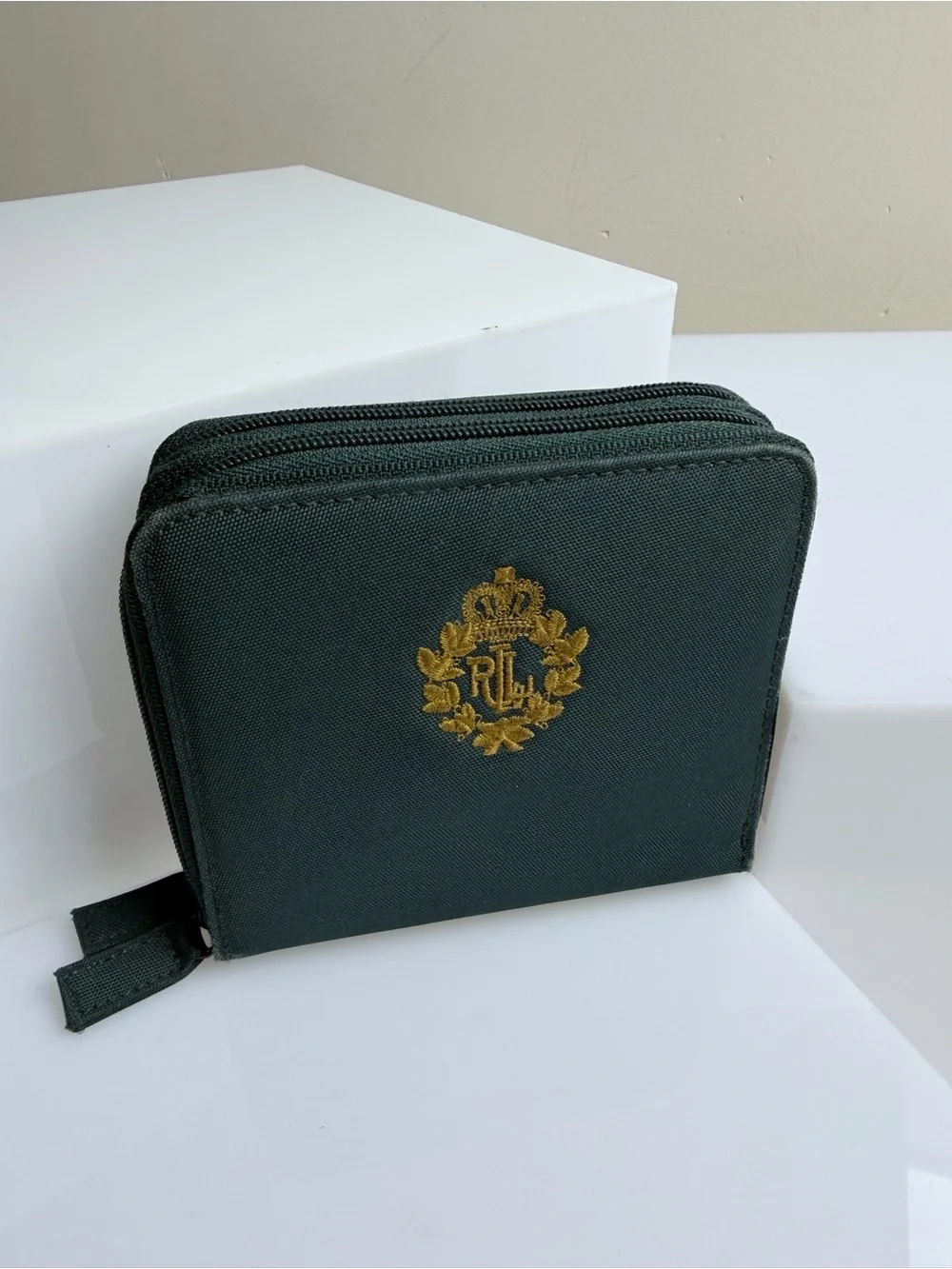 Vintage Ralph Lauren Nylon Zip Around Wallet Embroidered Logo Green & Gold